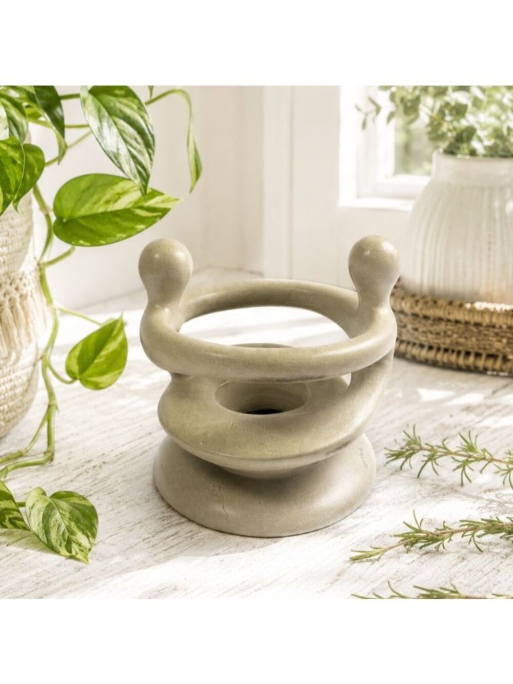 Vintage Abstract Stone Look Candle Holder 5 Inches Tall Neutral Beige With Moder